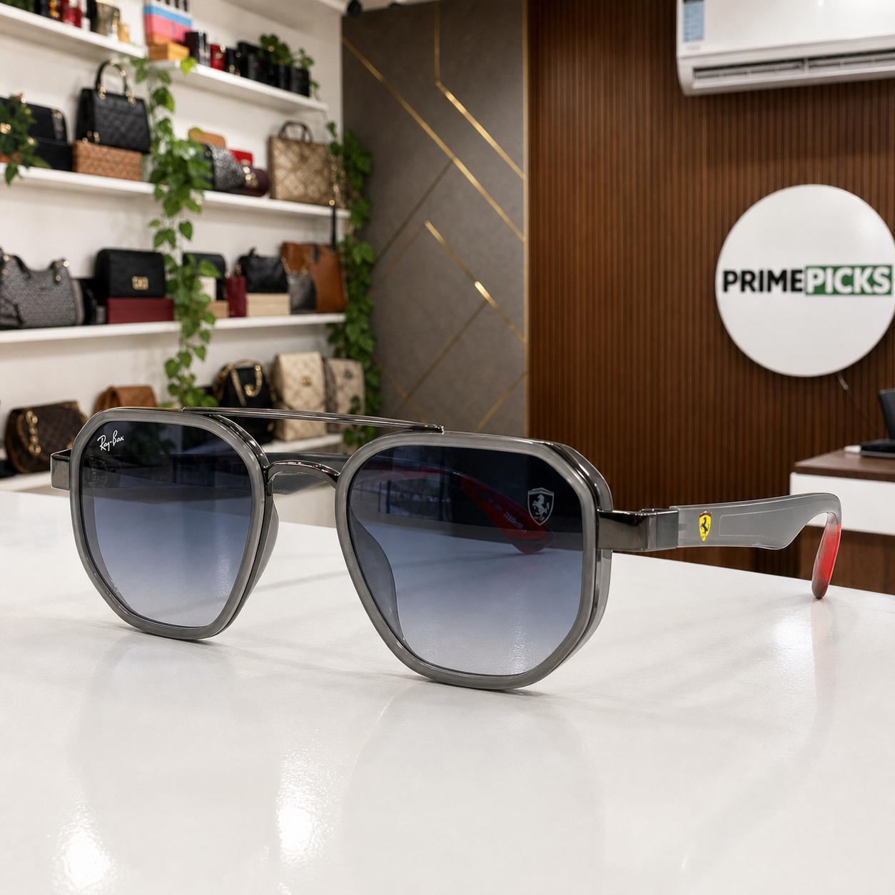Ray-Ban Ferrari gunmetal grey and blue gradient square aviator sunglasses - temple detail