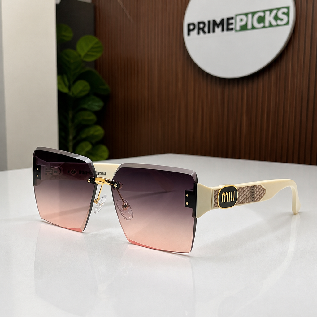 Miu Miu ivory-temple oversized rimless square sunglasses with gold-tone hardware and brown-to-rose gradient lenses, alternate three-quarter view