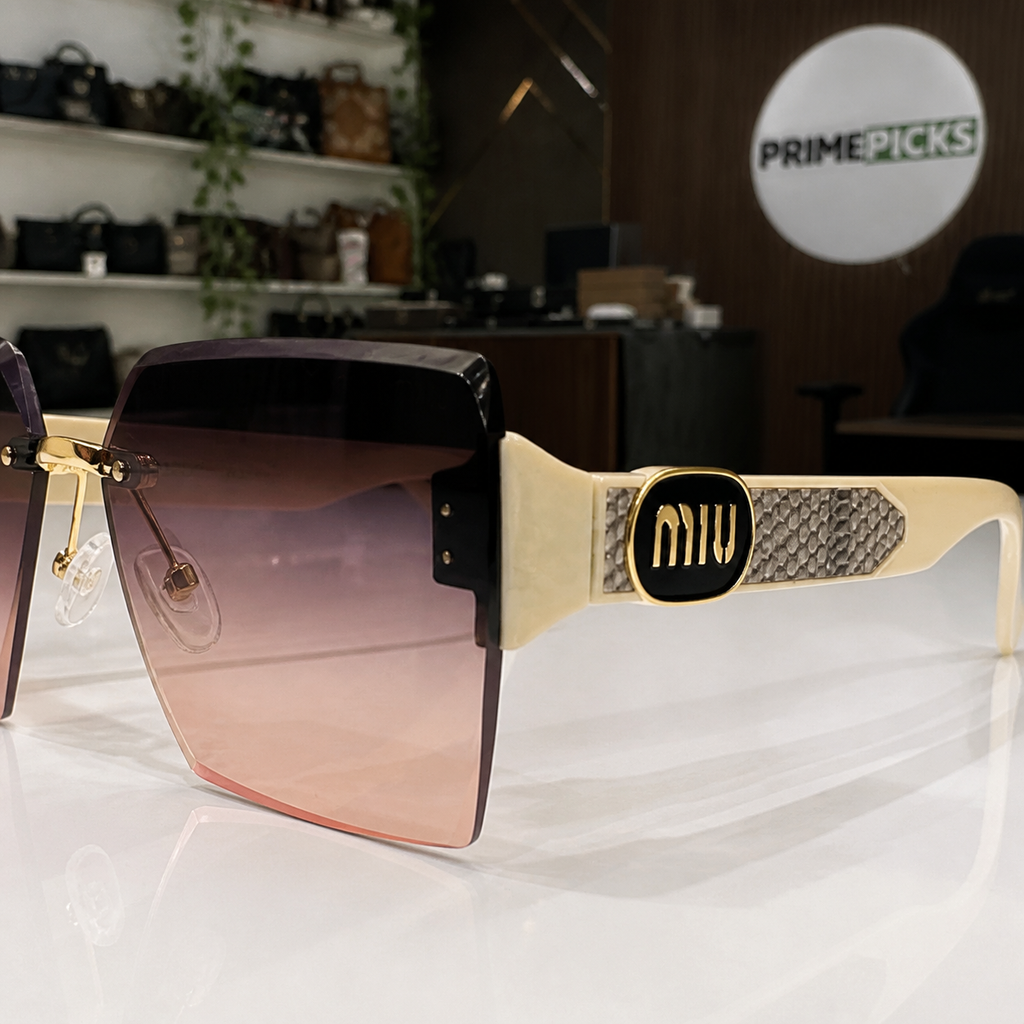 Miu Miu ivory-temple oversized rimless square sunglasses with gold-tone hardware and brown-to-rose gradient lenses, temple medallion and textured panel detail
