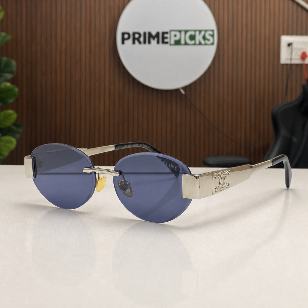 Celine silver-tone rimless round sunglasses with blue-violet lenses, three-quarter left view