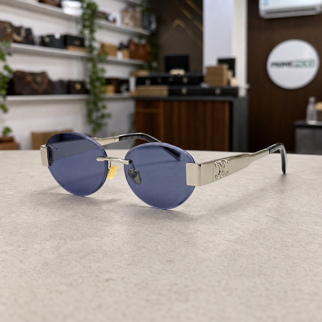 Celine silver-tone rimless round sunglasses with blue-violet lenses, three-quarter right view
