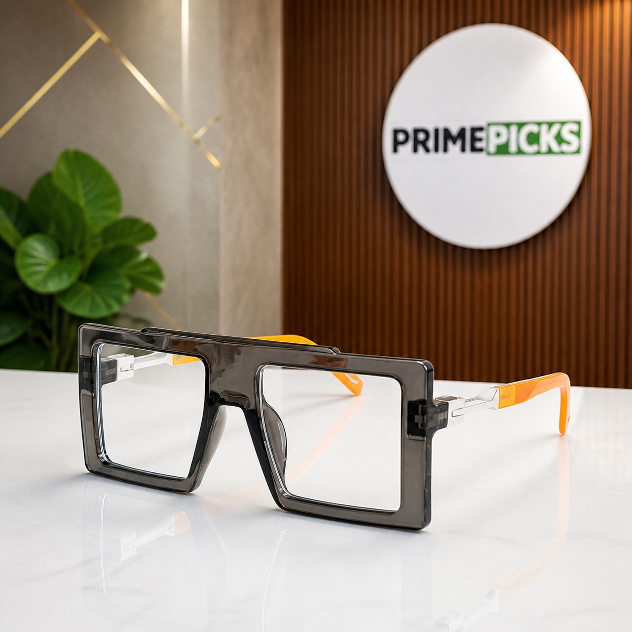 Marc Jacobs smoke grey oversized flat-top rectangular glasses with silver-tone hinges, orange temple accents and clear lenses, front three-quarter hero view