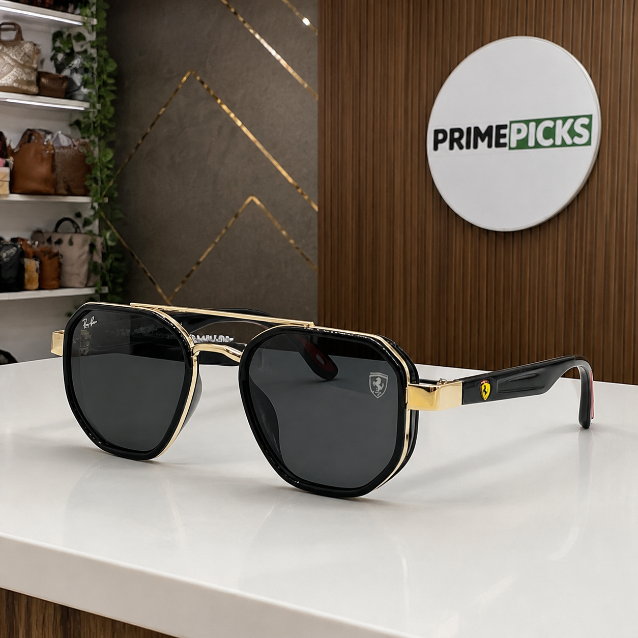 Ray-Ban Ferrari black and gold with dark smoke lenses square aviator sunglasses - front hero view