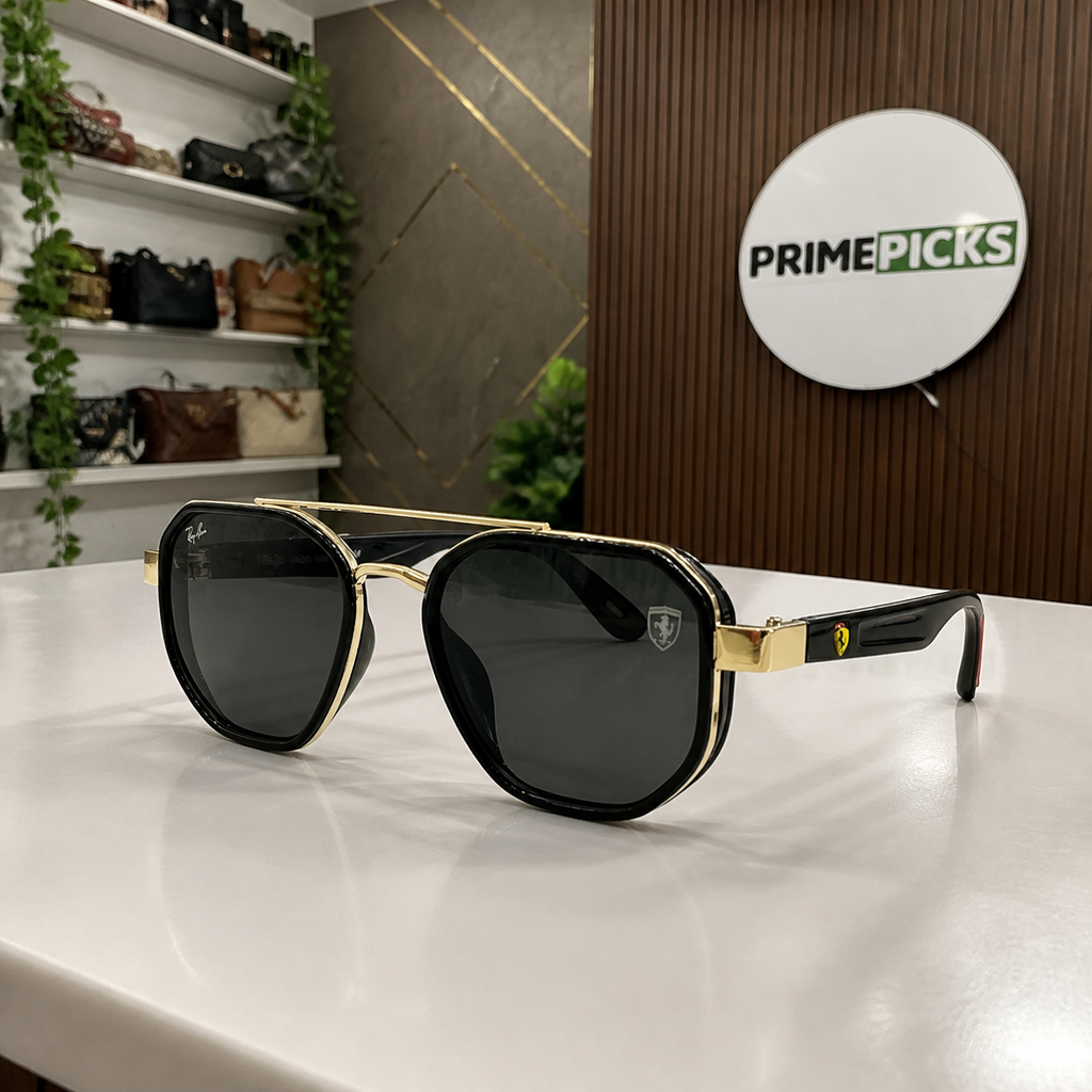 Ray-Ban Ferrari black and gold with dark smoke lenses square aviator sunglasses - alternate angle