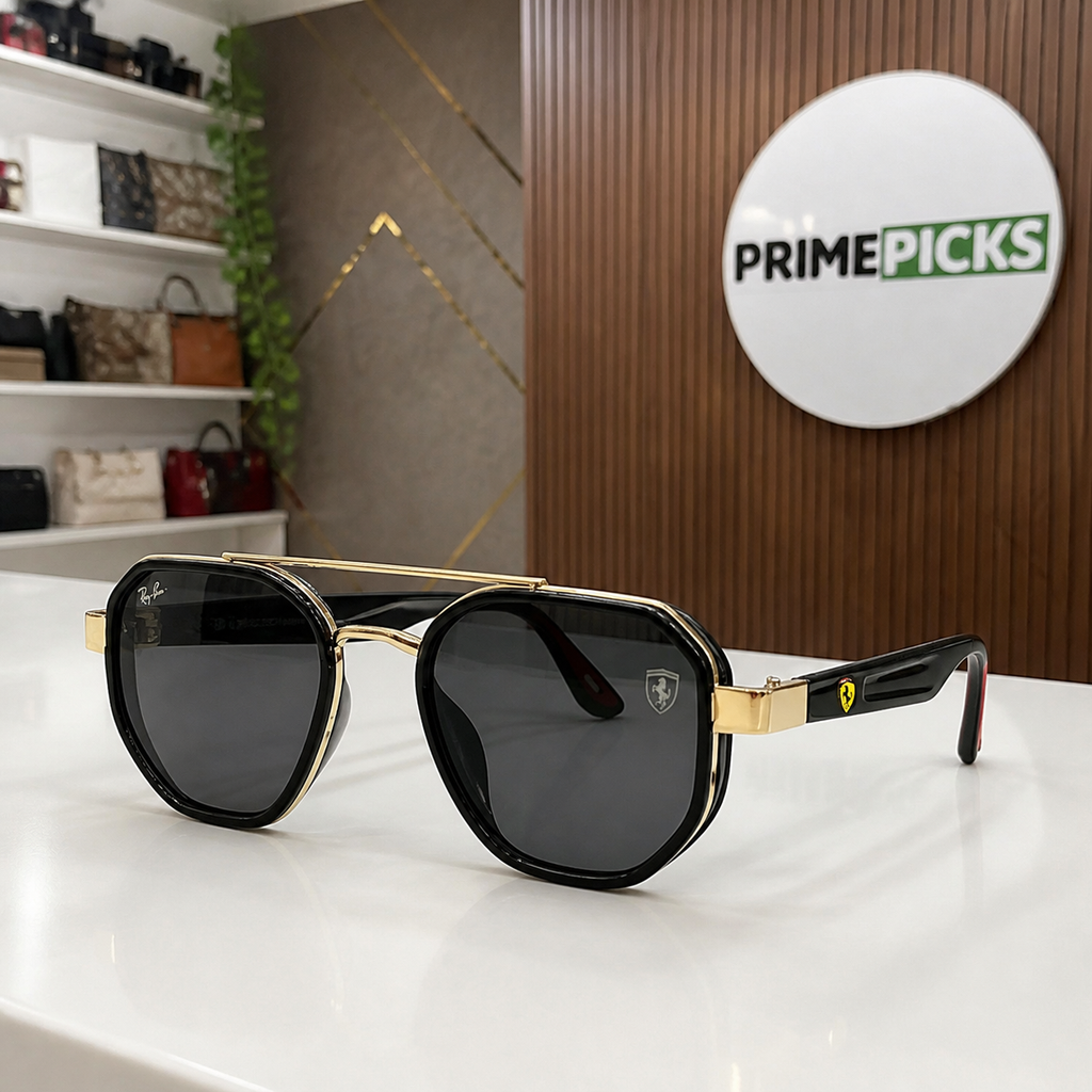 Ray-Ban Ferrari black and gold with dark smoke lenses square aviator sunglasses - temple detail