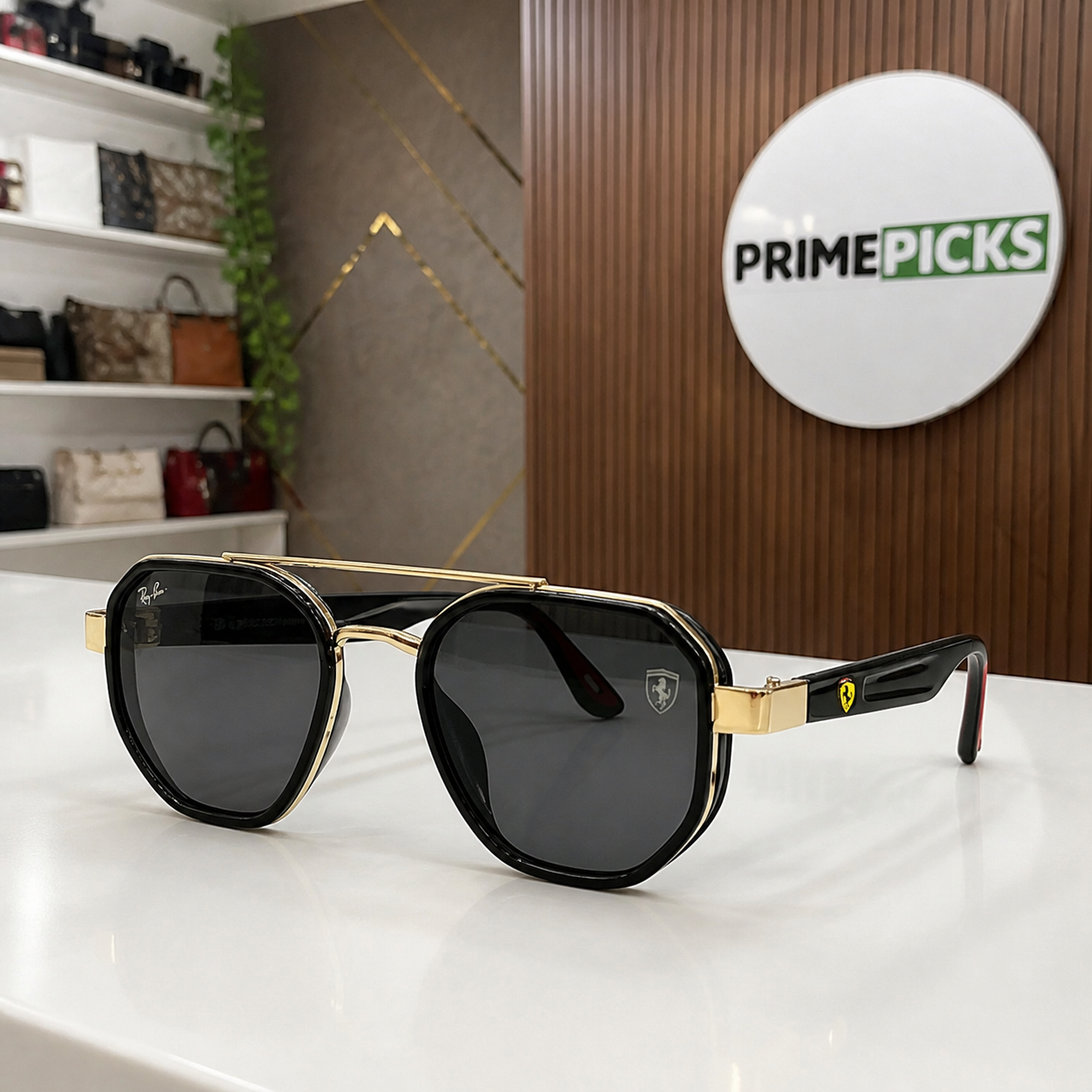 Ray-Ban Ferrari black and gold with dark smoke lenses square aviator sunglasses - temple detail
