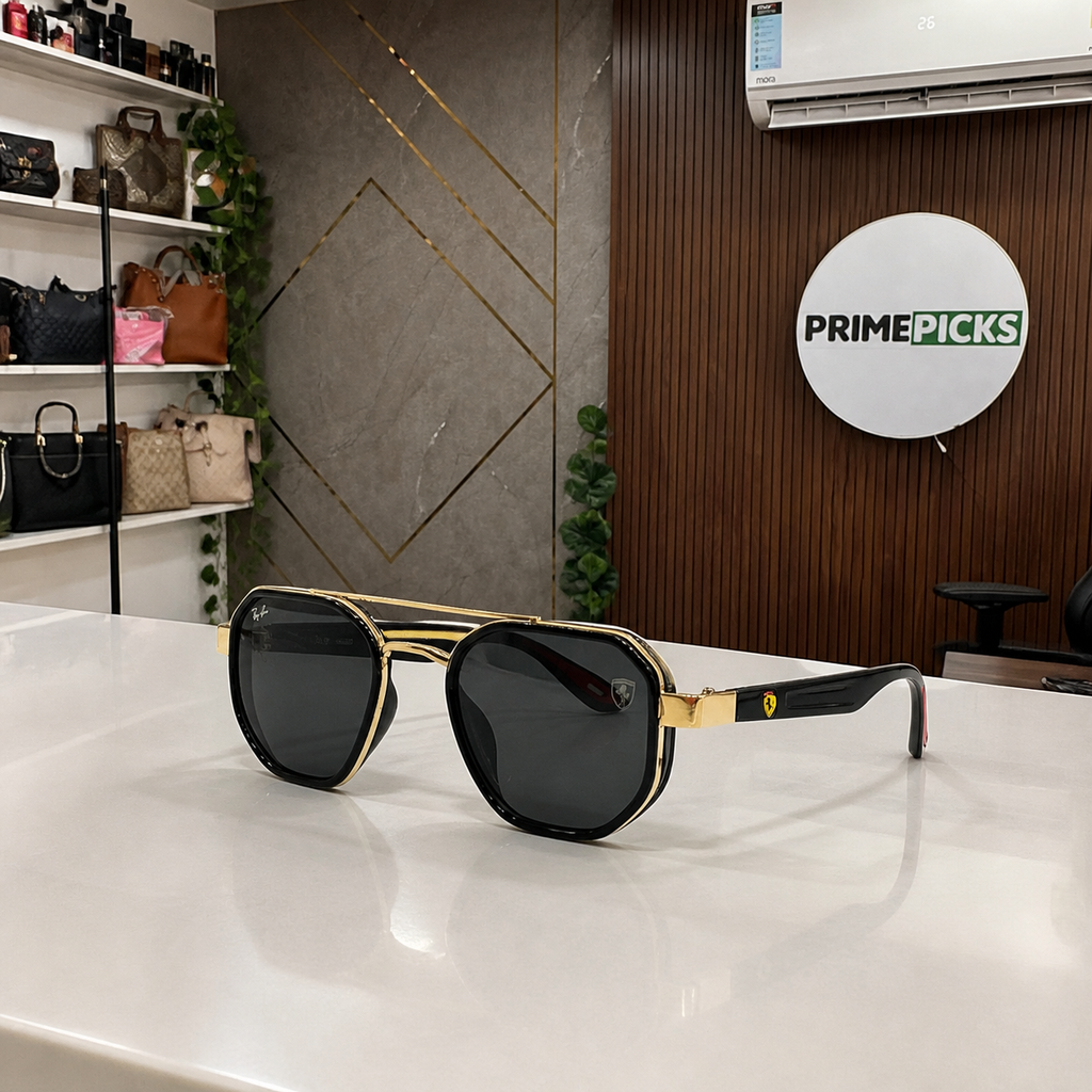 Ray-Ban Ferrari black and gold with dark smoke lenses square aviator sunglasses - office lifestyle