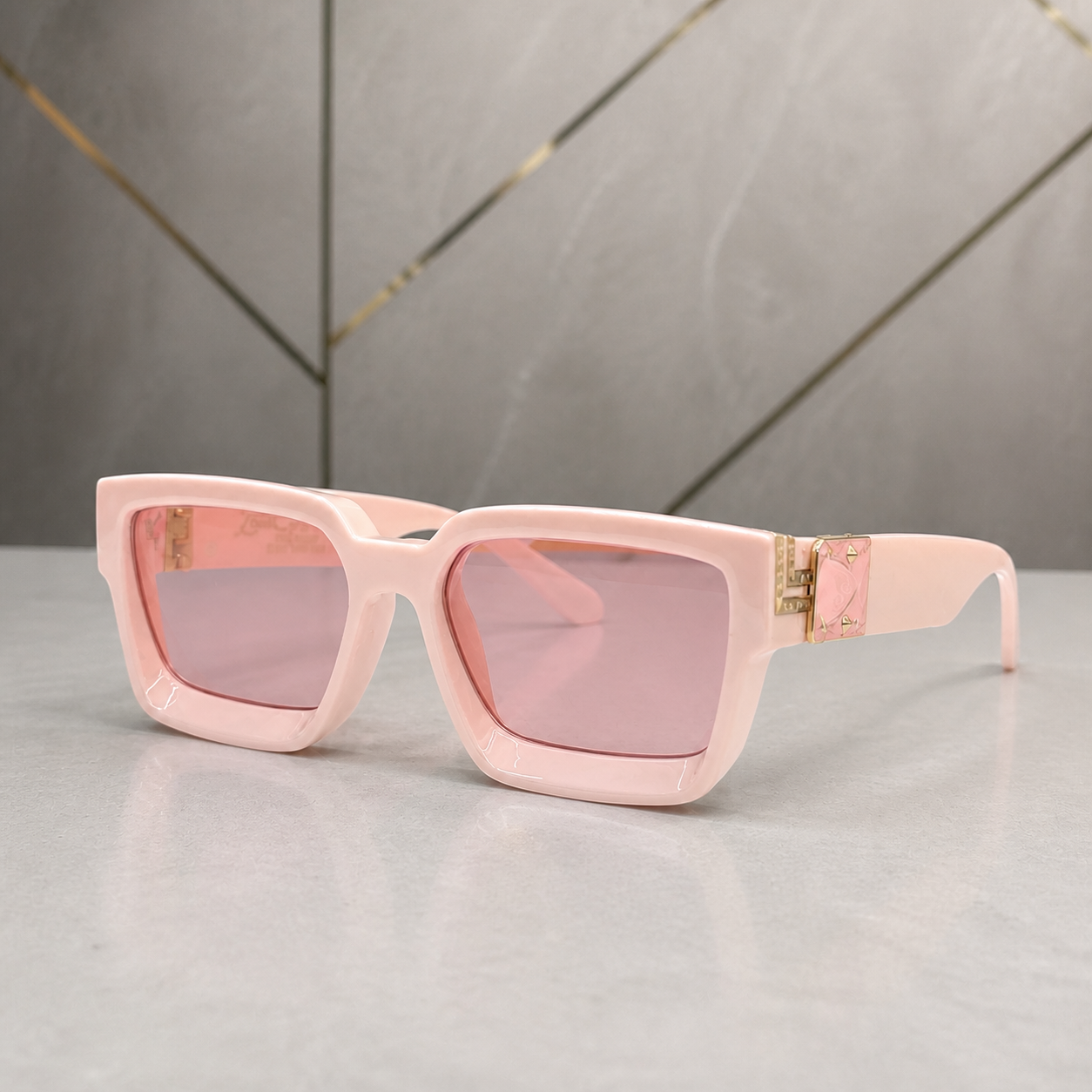Louis Vuitton blush pink angular square sunglasses with pink lenses, alternate three-quarter view
