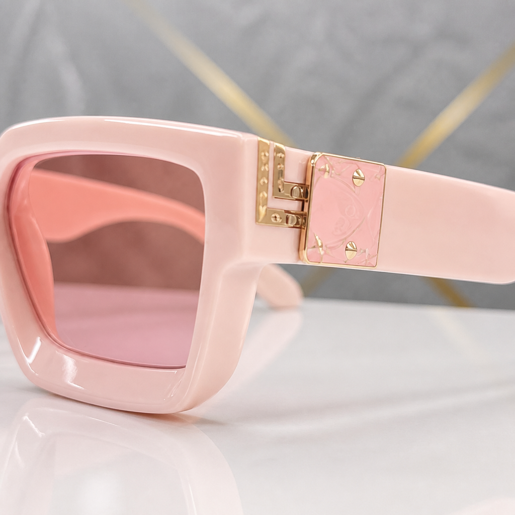 Louis Vuitton blush pink angular square sunglasses with pink lenses, decorative hinge detail
