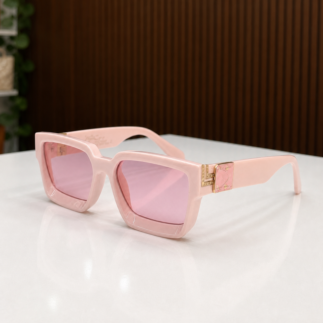 Louis Vuitton blush pink angular square sunglasses with pink lenses, elevated front view