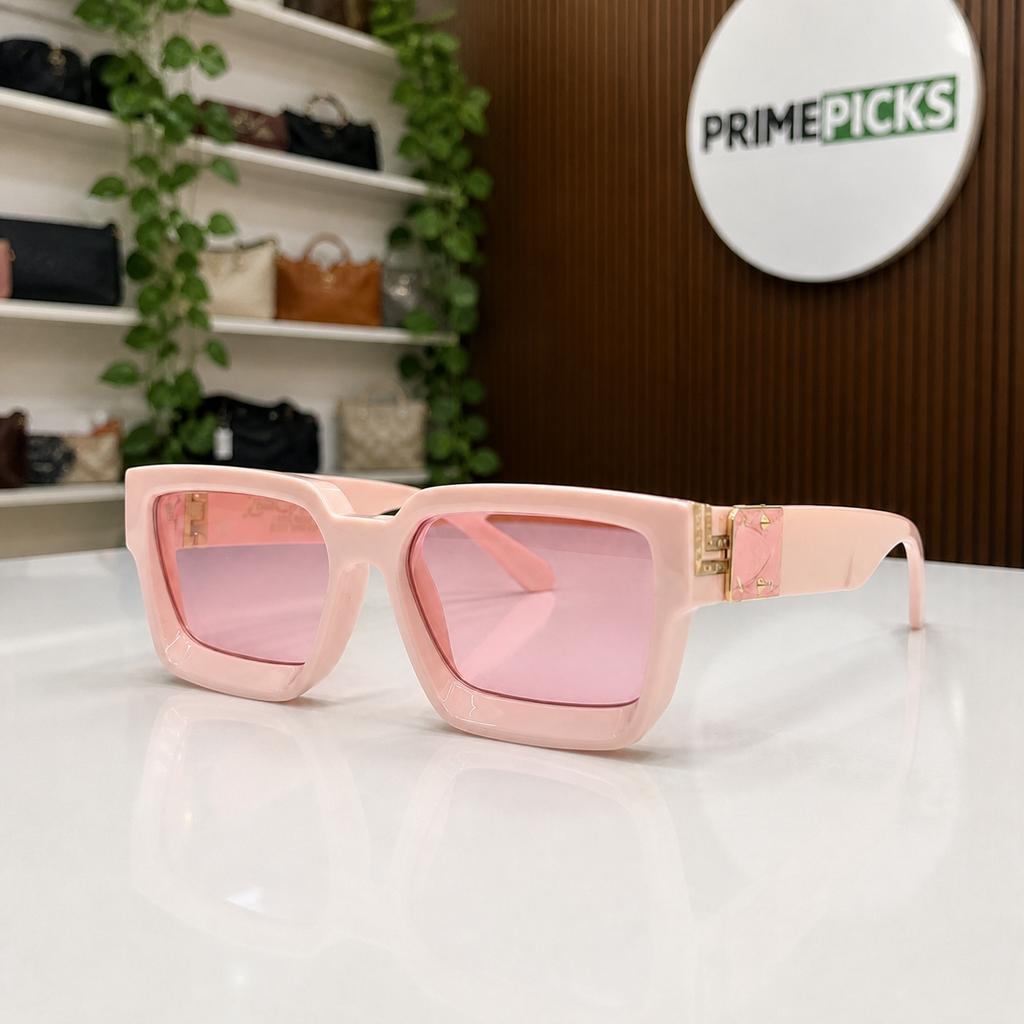 Louis Vuitton blush pink angular square sunglasses with pink lenses, PrimePicks office lifestyle view