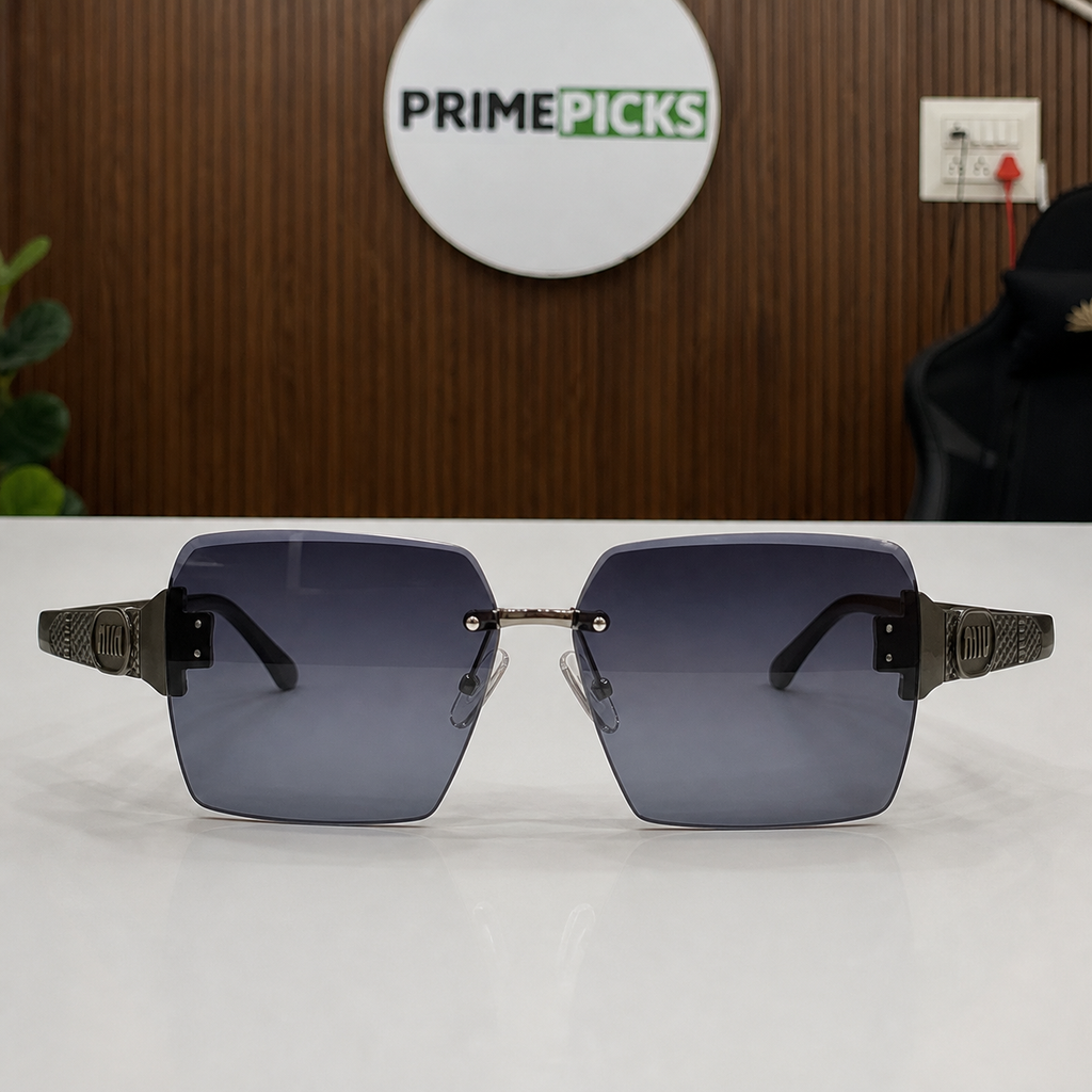 Miu Miu dark brown-temple oversized rimless square sunglasses with gunmetal-tone hardware and dark smoke-blue gradient lenses, elevated front view
