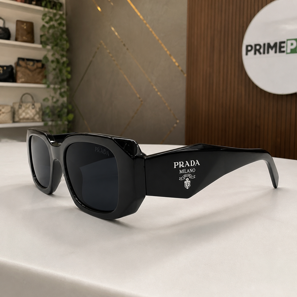 Prada Gloss Black and Dark Smoke sunglasses - temple detail