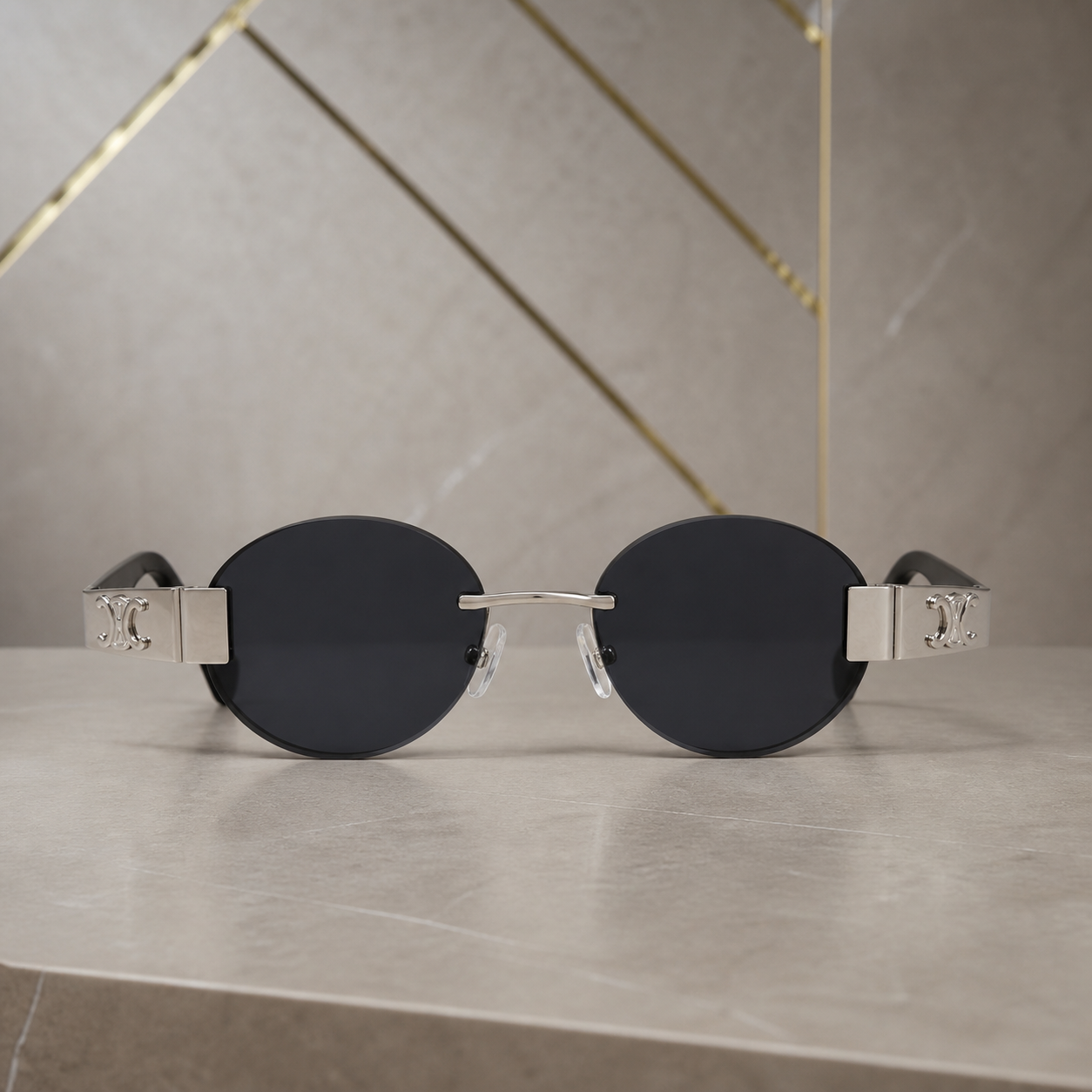 Celine silver-tone rimless round sunglasses with smoke lenses, front view