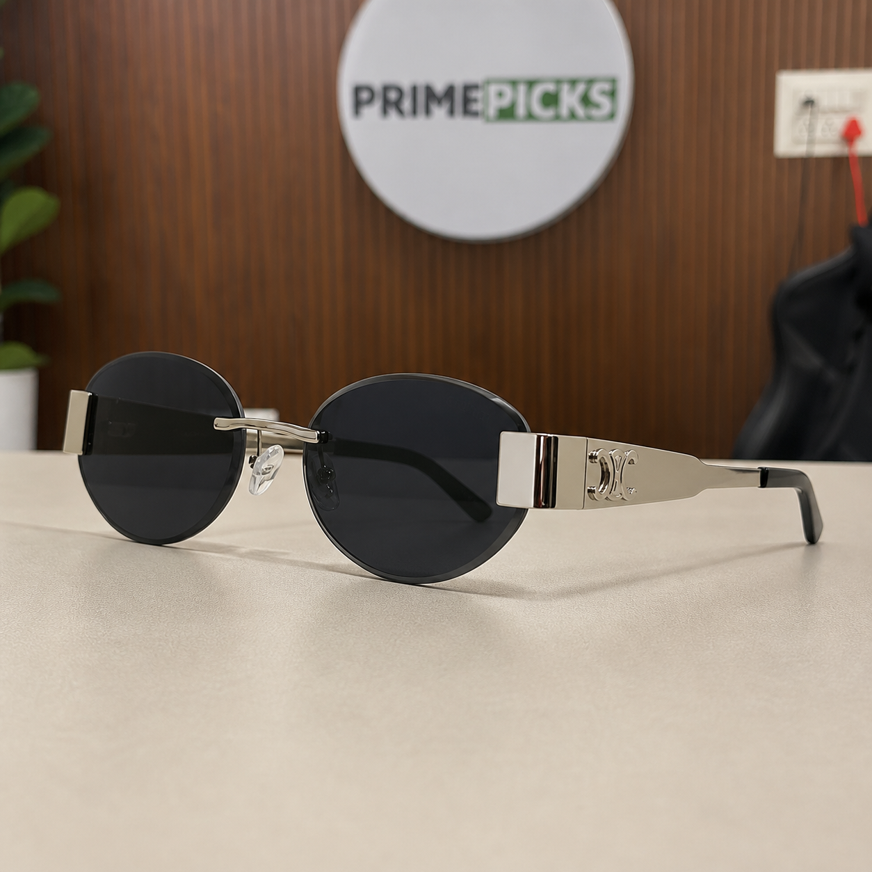 Celine silver-tone rimless round sunglasses with smoke lenses, three-quarter left view
