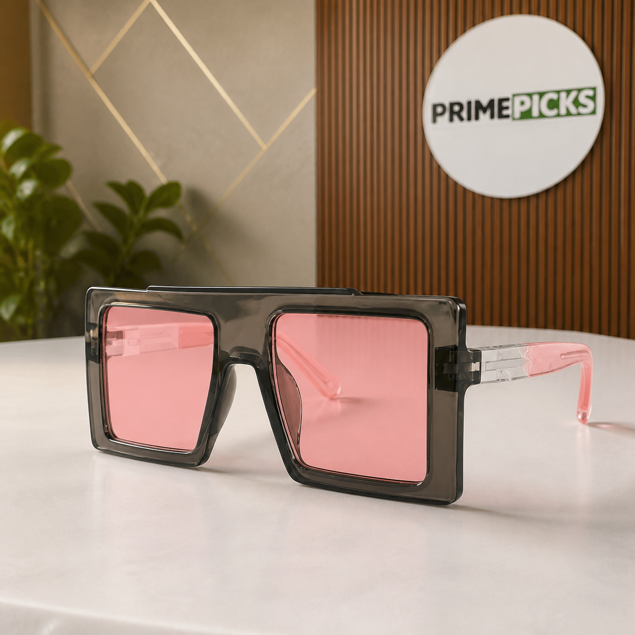 Marc Jacobs smoke grey oversized flat-top rectangular sunglasses with silver-tone hinges, orange temple accents and rose lenses, front three-quarter hero view