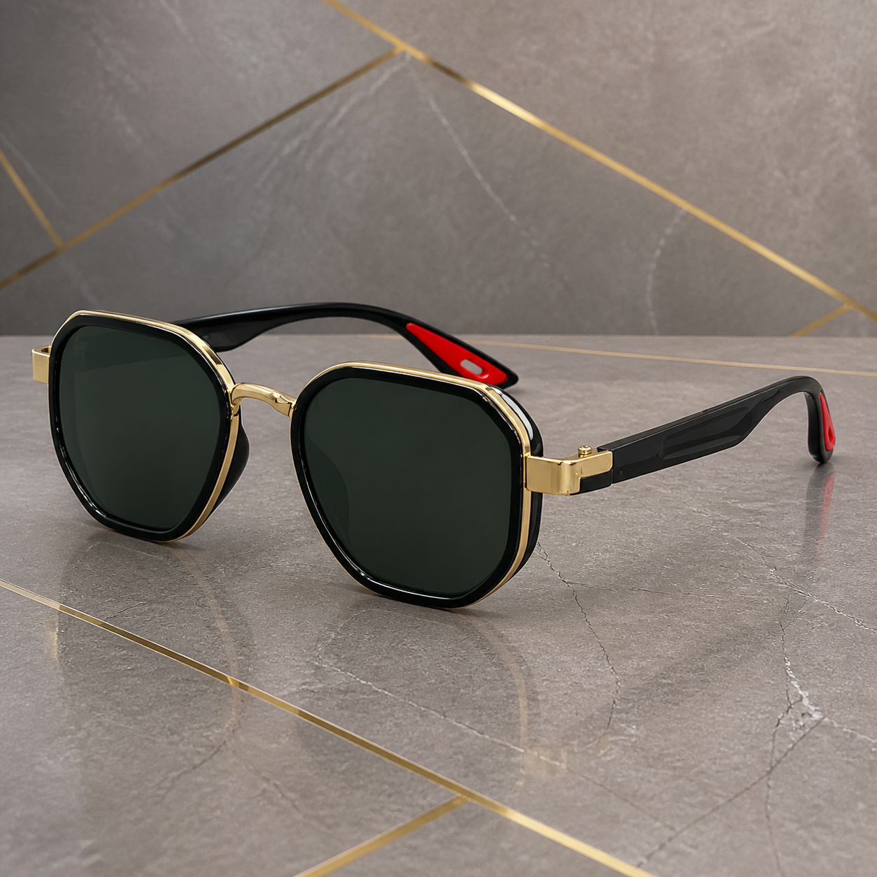 Ray-Ban unisex sport square sunglasses in black and gold-tone with dark green lenses, hero view