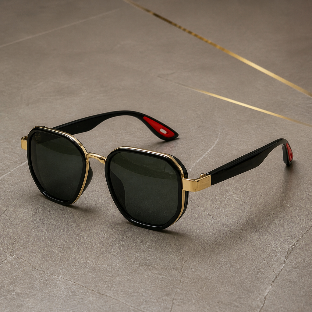 Ray-Ban unisex sport square sunglasses in black and gold-tone with dark green lenses, alternate view