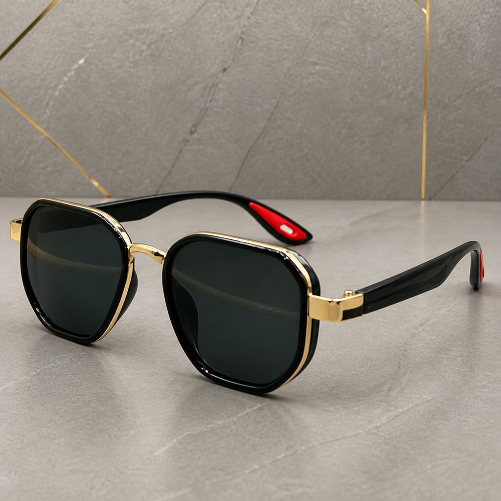 Ray-Ban unisex sport square sunglasses in black and gold-tone with dark green lenses, temple detail
