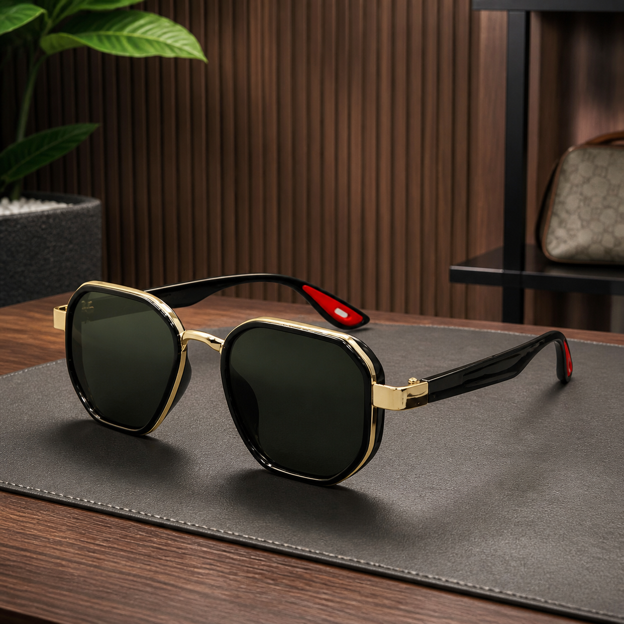 Ray-Ban unisex sport square sunglasses in black and gold-tone with dark green lenses, PrimePicks office lifestyle