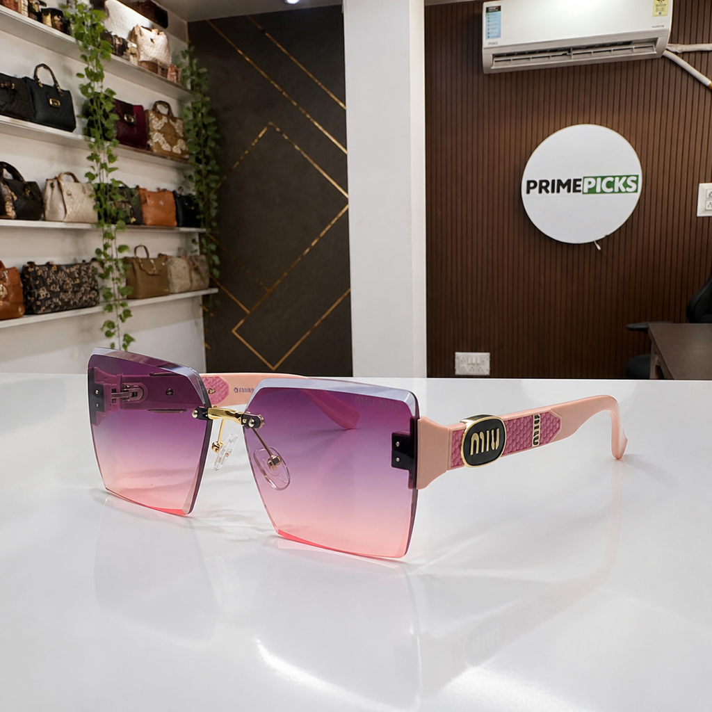 Miu Miu blush pink-temple oversized rimless square sunglasses with gold-tone hardware and violet-to-rose gradient lenses, alternate three-quarter view