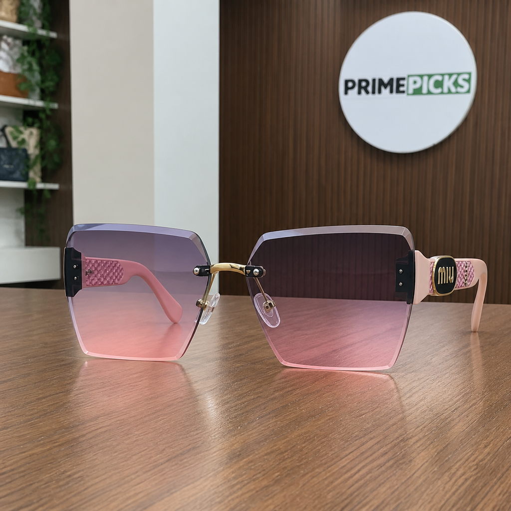 Miu Miu blush pink-temple oversized rimless square sunglasses with gold-tone hardware and violet-to-rose gradient lenses, elevated front view
