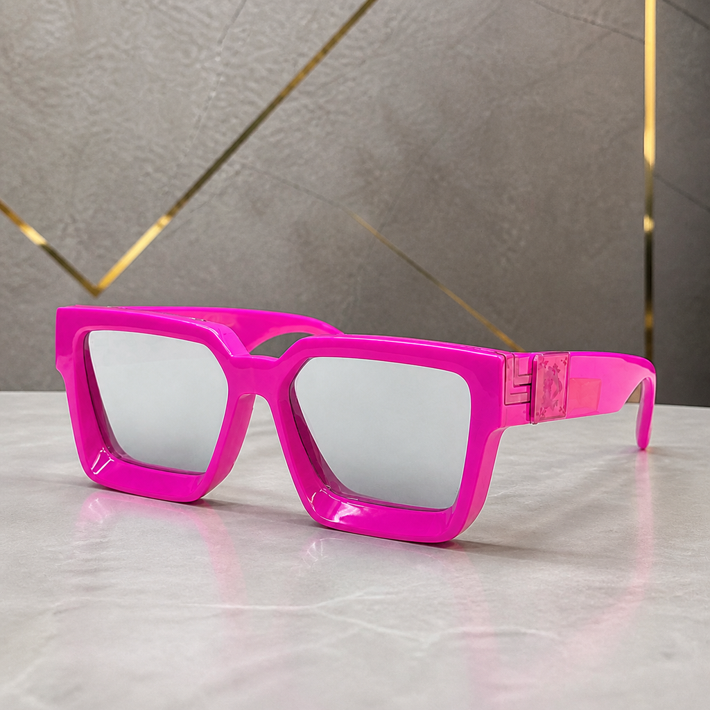 Louis Vuitton fuchsia angular square sunglasses with silver-grey lenses, alternate three-quarter view