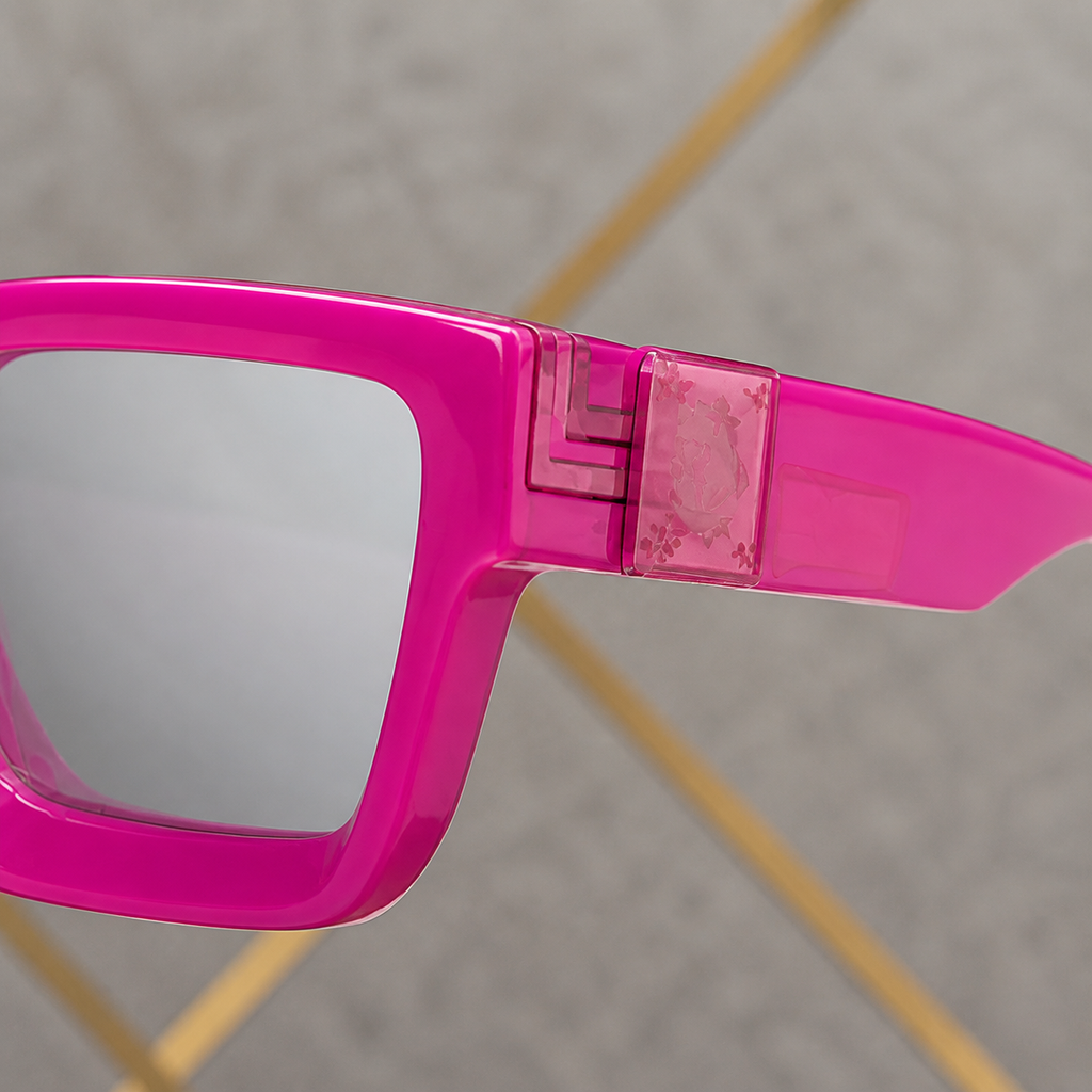 Louis Vuitton fuchsia angular square sunglasses with silver-grey lenses, decorative hinge detail
