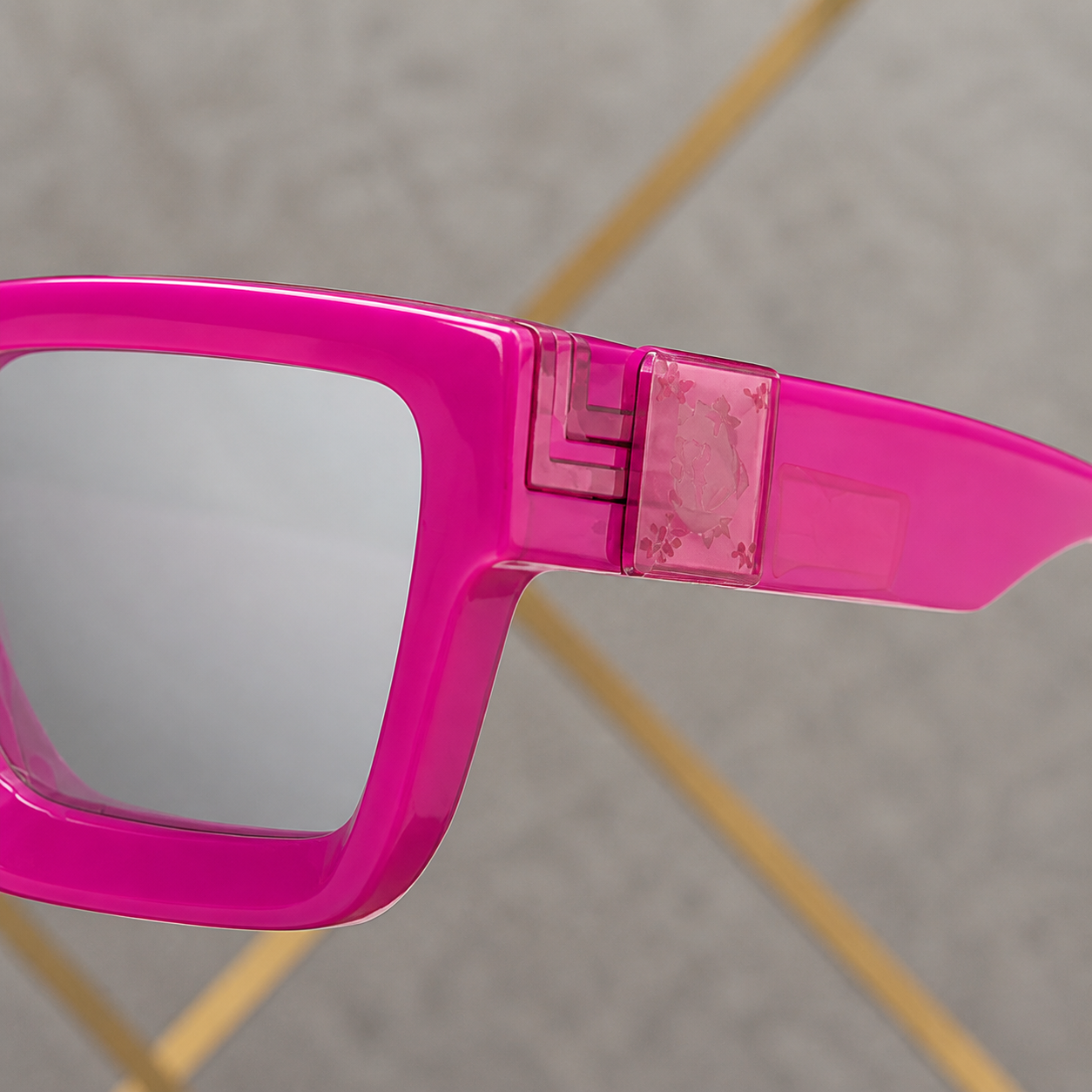 Louis Vuitton fuchsia angular square sunglasses with silver-grey lenses, decorative hinge detail