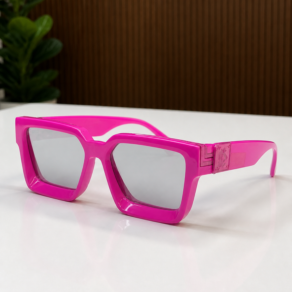 Louis Vuitton fuchsia angular square sunglasses with silver-grey lenses, elevated front view