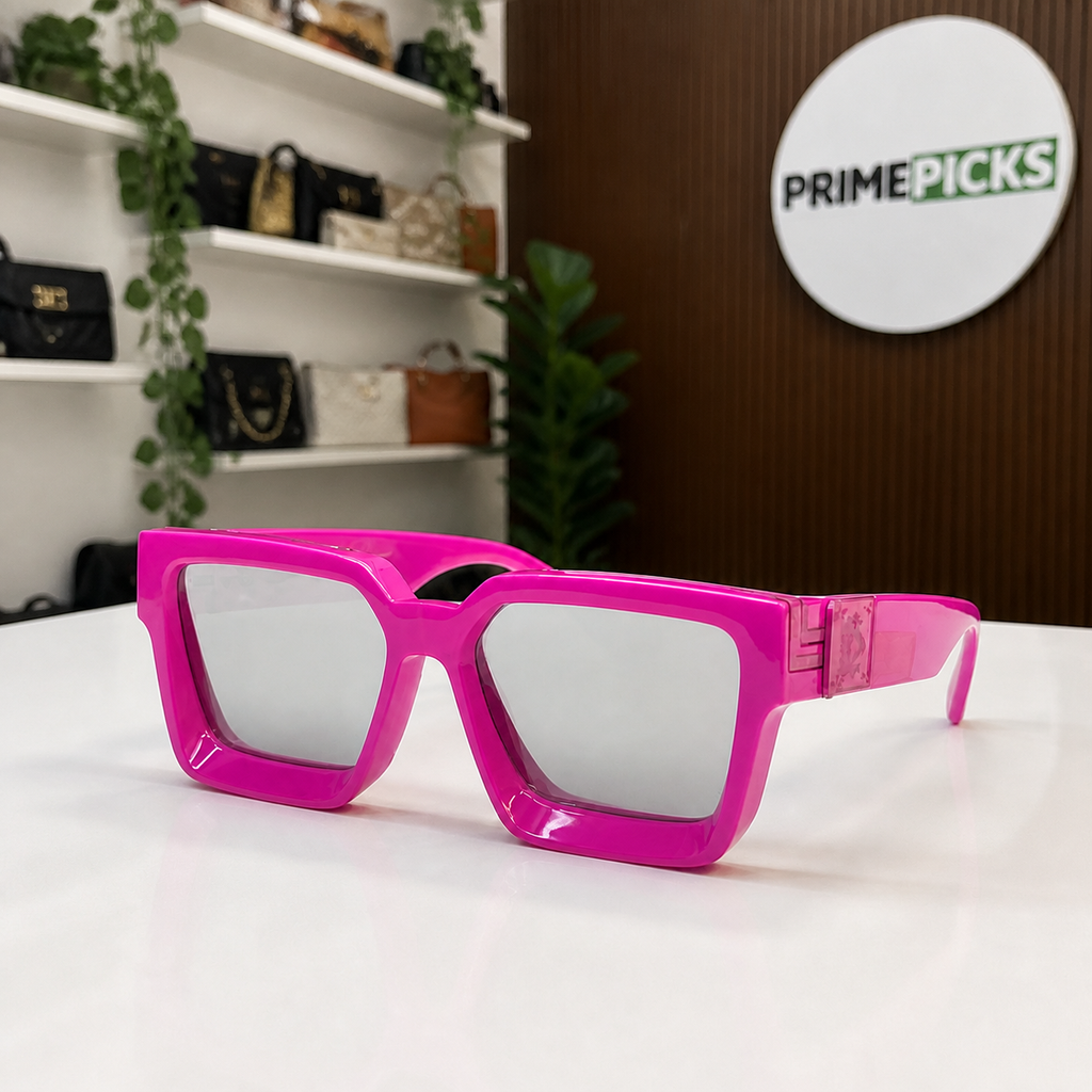 Louis Vuitton fuchsia angular square sunglasses with silver-grey lenses, PrimePicks office lifestyle view