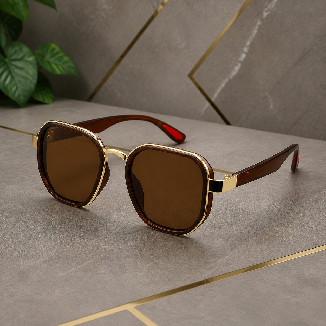 Ray-Ban unisex sport square sunglasses in brown and gold-tone with brown lenses, hero view