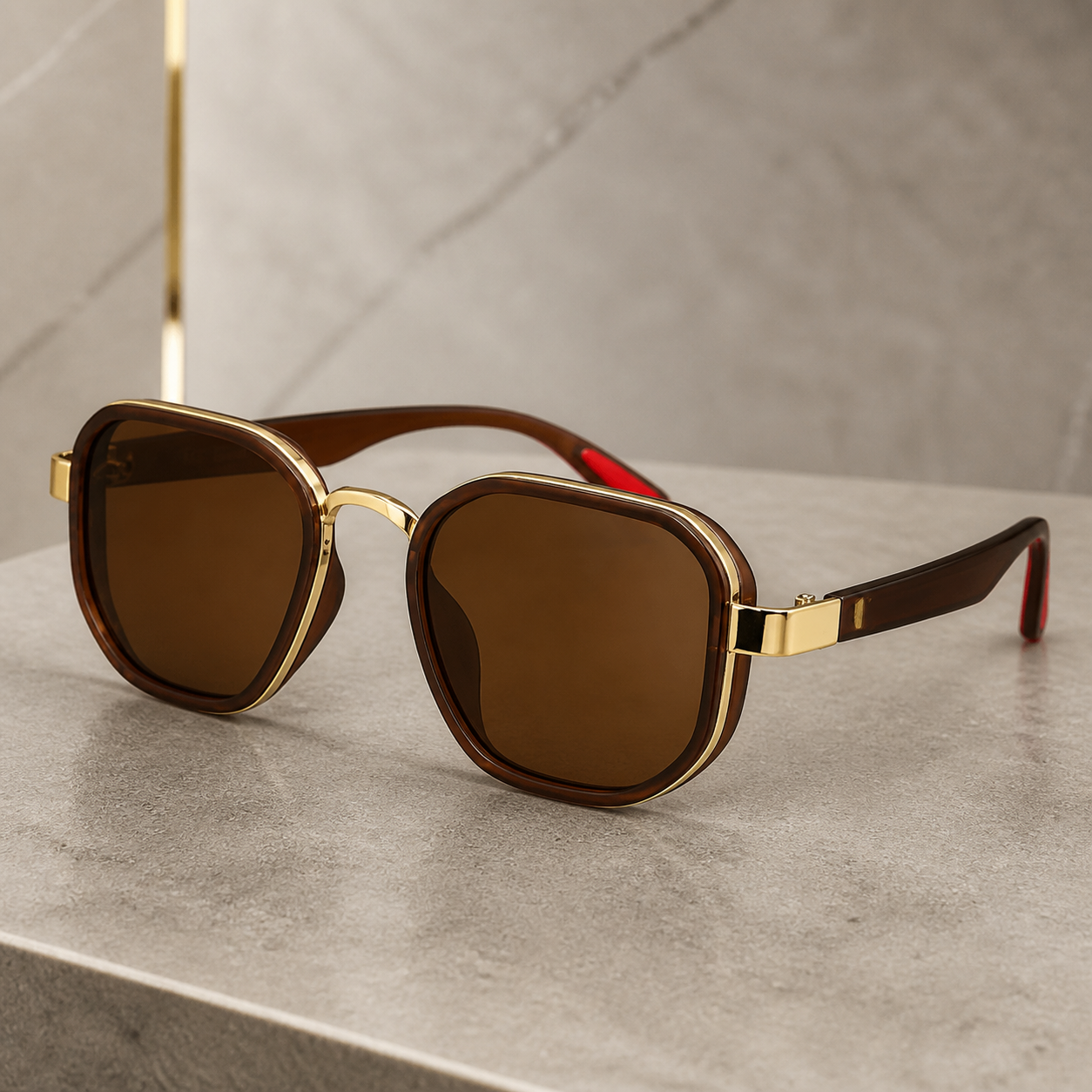Ray-Ban unisex sport square sunglasses in brown and gold-tone with brown lenses, temple detail