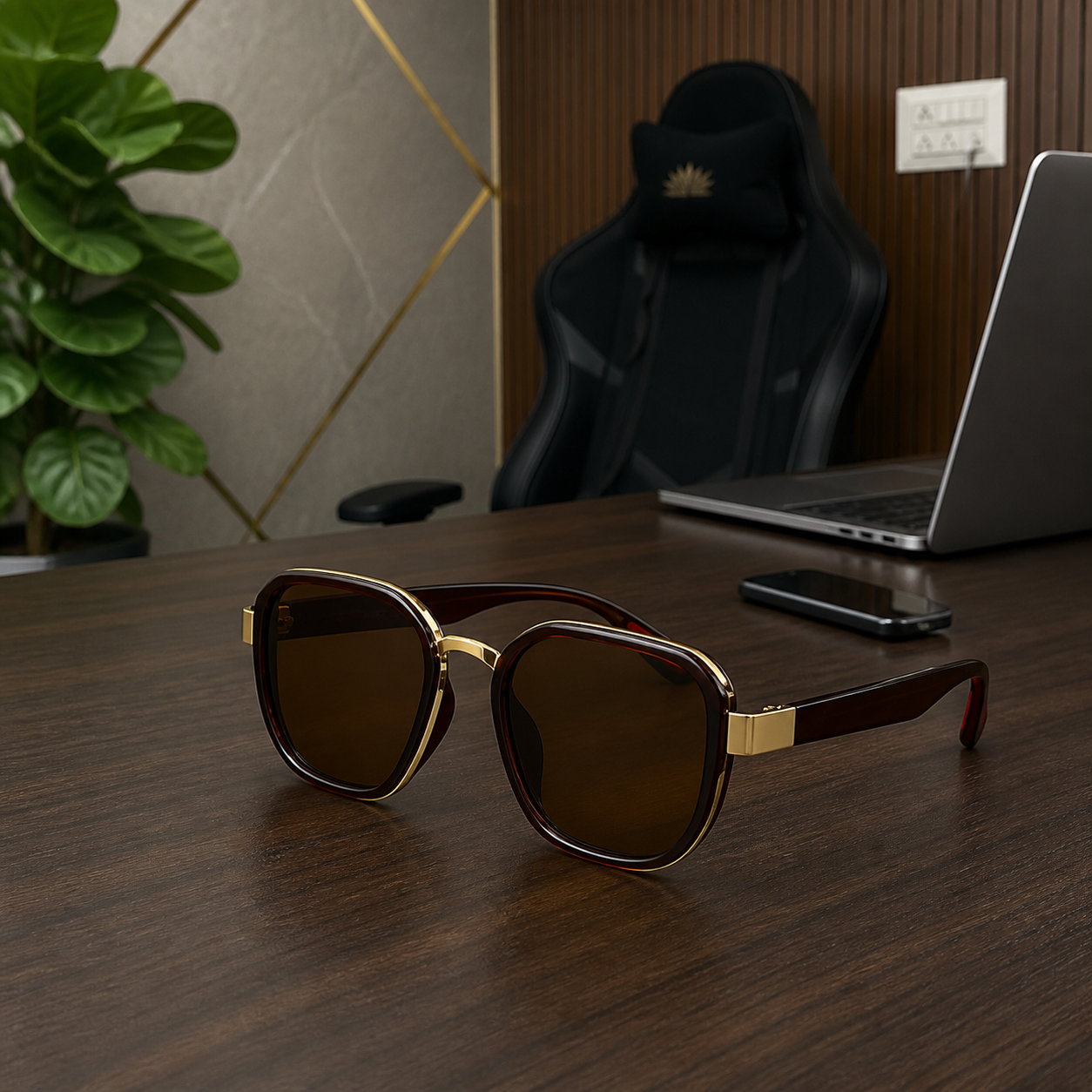 Ray-Ban unisex sport square sunglasses in brown and gold-tone with brown lenses, PrimePicks office lifestyle