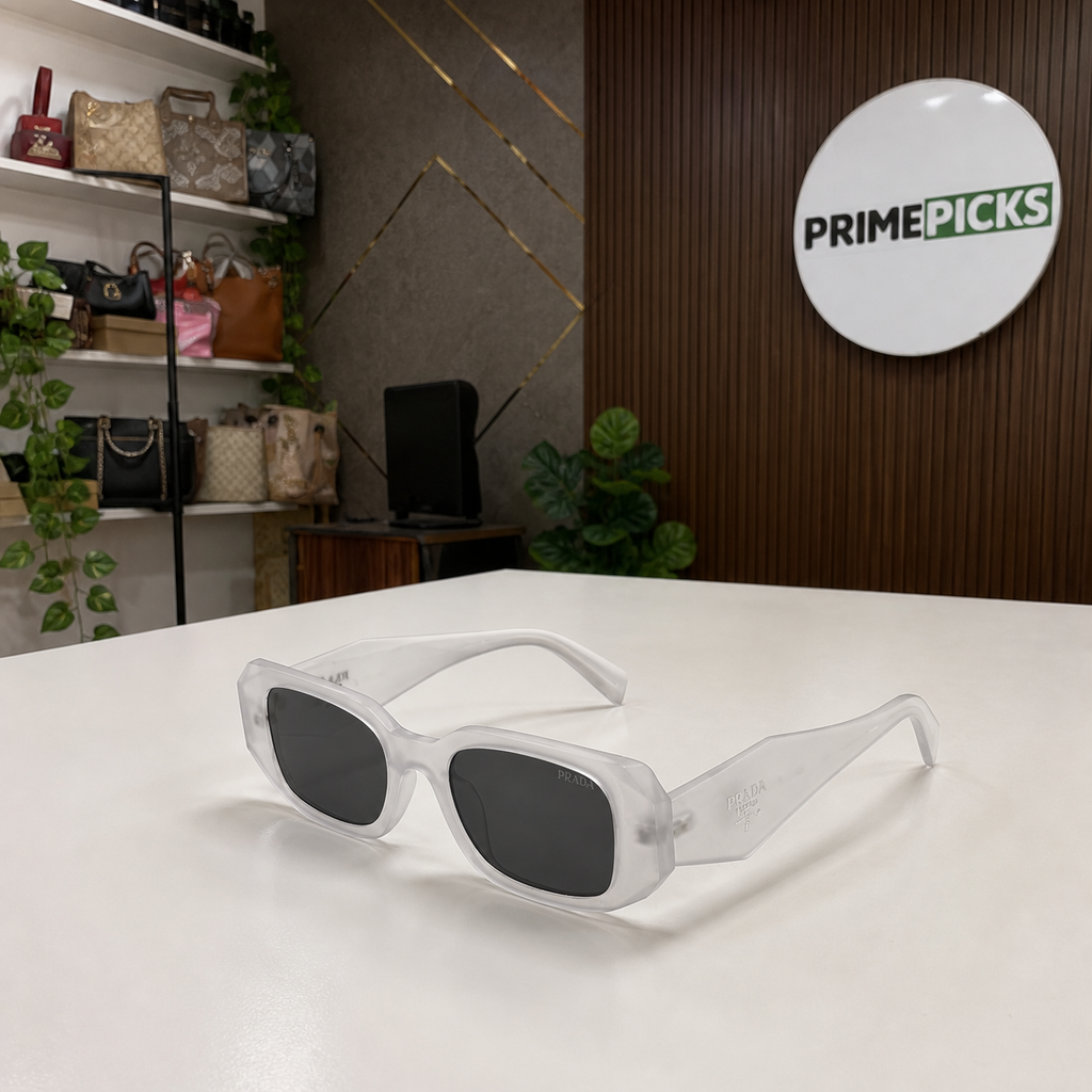 Prada Crystal Clear and Dark Smoke sunglasses - office lifestyle