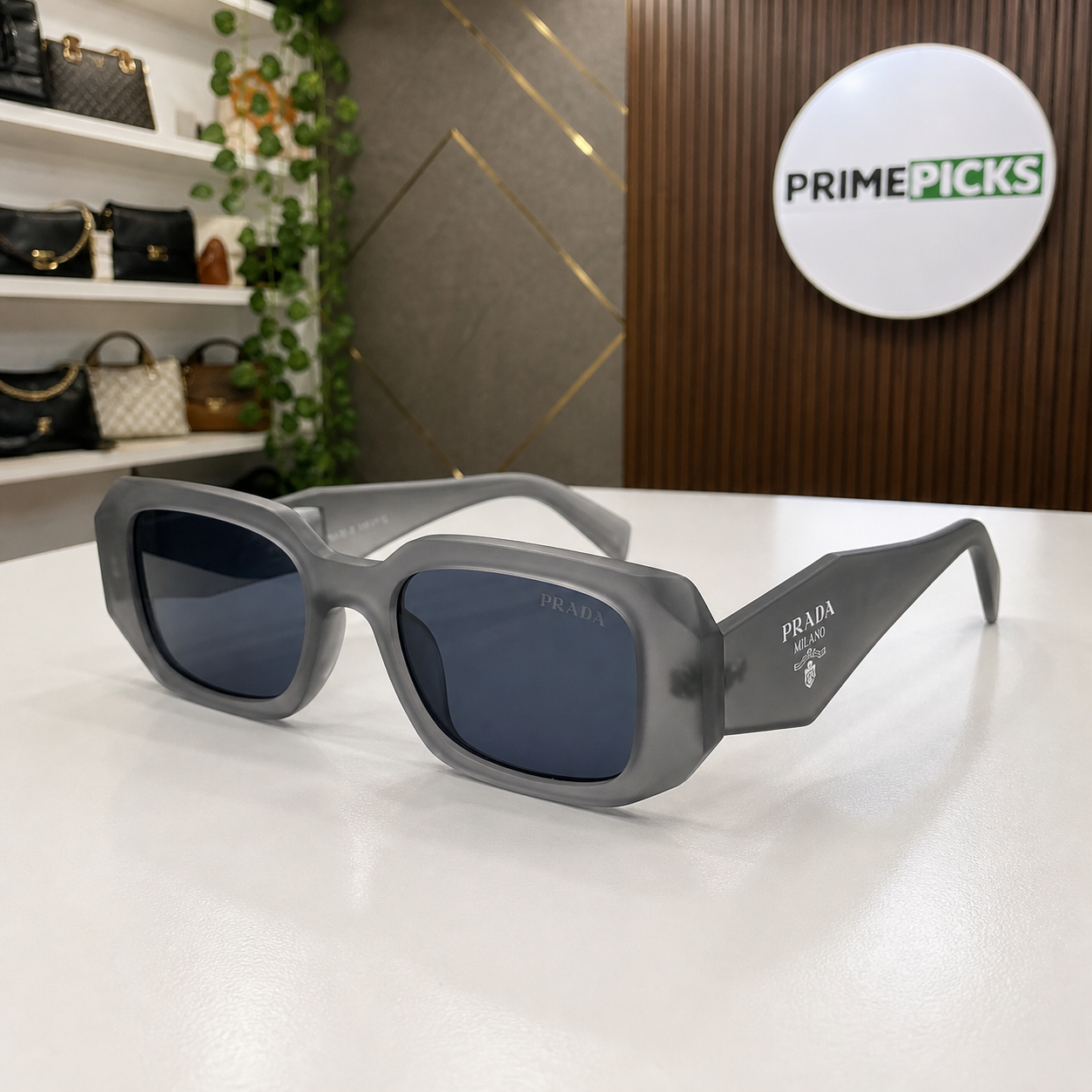 Prada Matte Grey and Blue-Grey sunglasses - temple detail