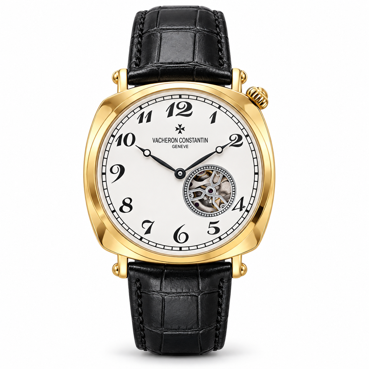 Vacheron Constantin open-heart men’s watch in gold with white dial and black strap on white background