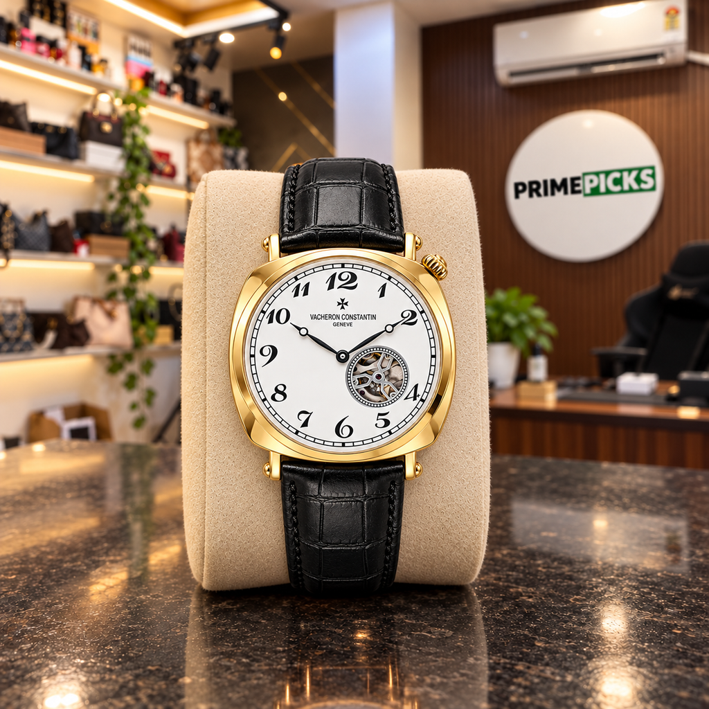 Vacheron Constantin open-heart men’s watch in gold with white dial and black strap at the PrimePicks office