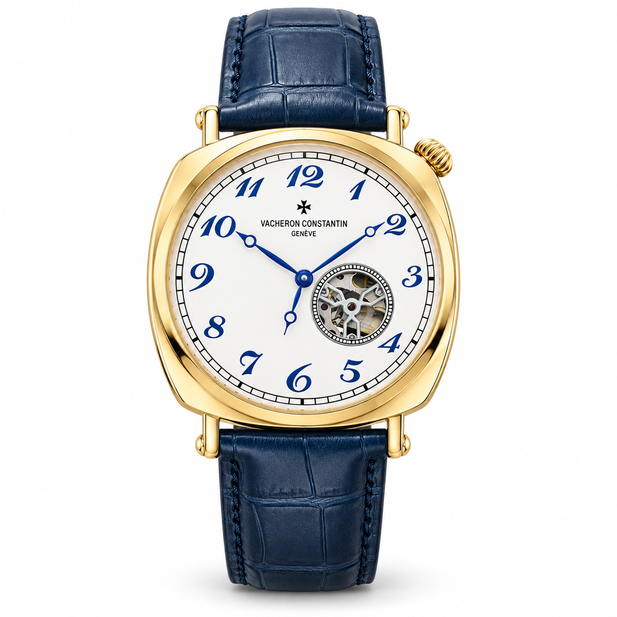 Vacheron Constantin open-heart men’s watch in gold with white dial and blue strap on white background