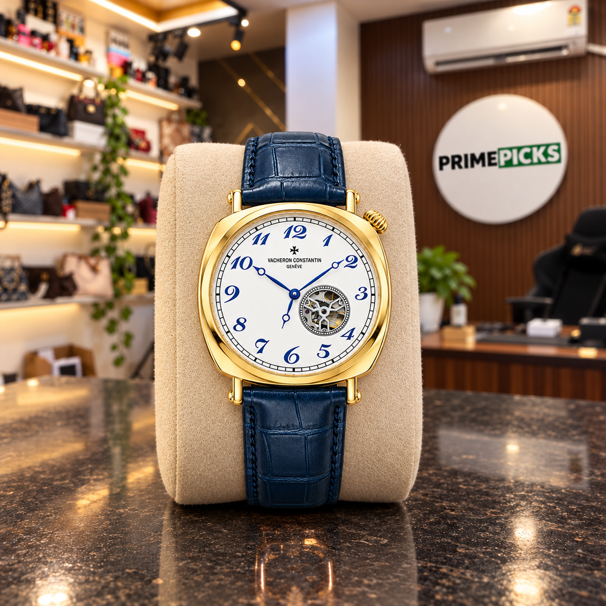 Vacheron Constantin open-heart men’s watch in gold with white dial and blue strap at the PrimePicks office