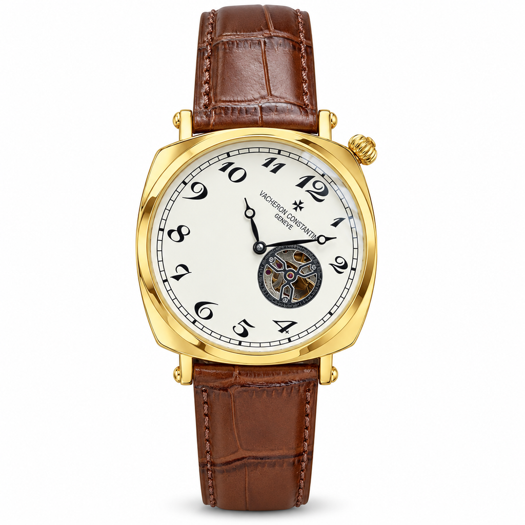 Vacheron Constantin open-heart men’s watch in gold with white dial and brown strap on white background