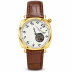 Vacheron Constantin open-heart men’s watch in gold with white dial and brown strap on white background
