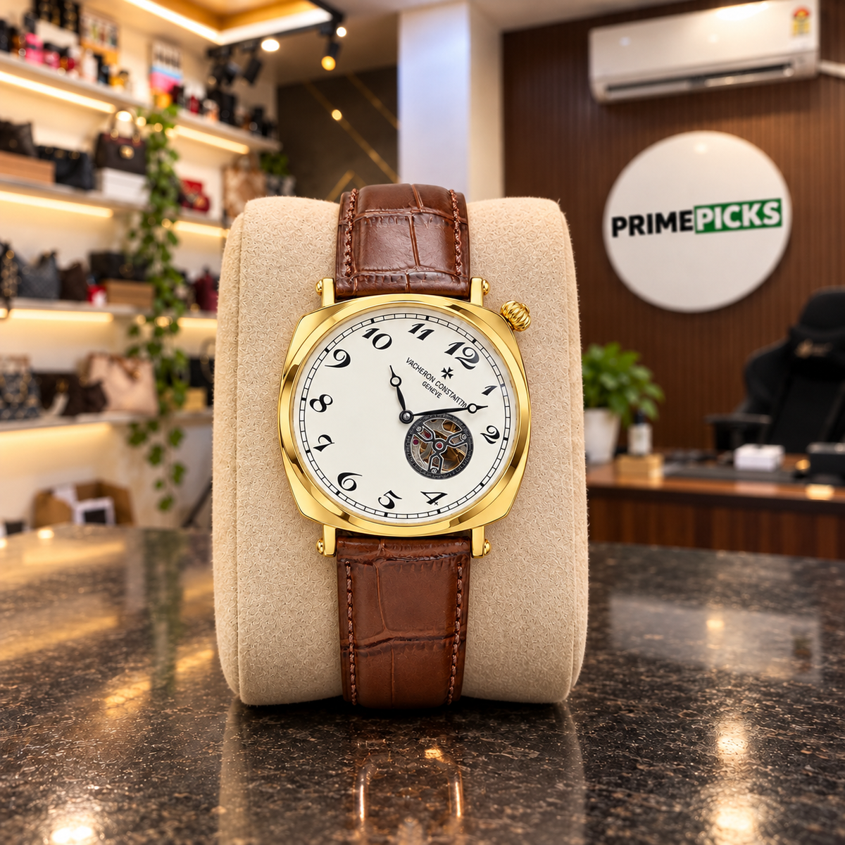 Vacheron Constantin open-heart men’s watch in gold with white dial and brown strap at the PrimePicks office