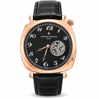Vacheron Constantin open-heart men’s watch in rose gold with black dial and black strap on white background