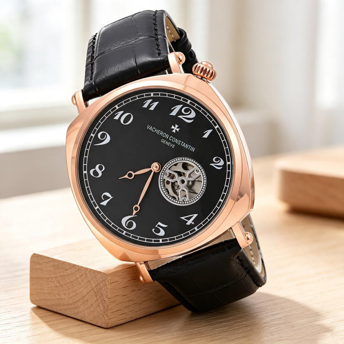 Vacheron Constantin rose-gold black-dial black-strap watch original product photo