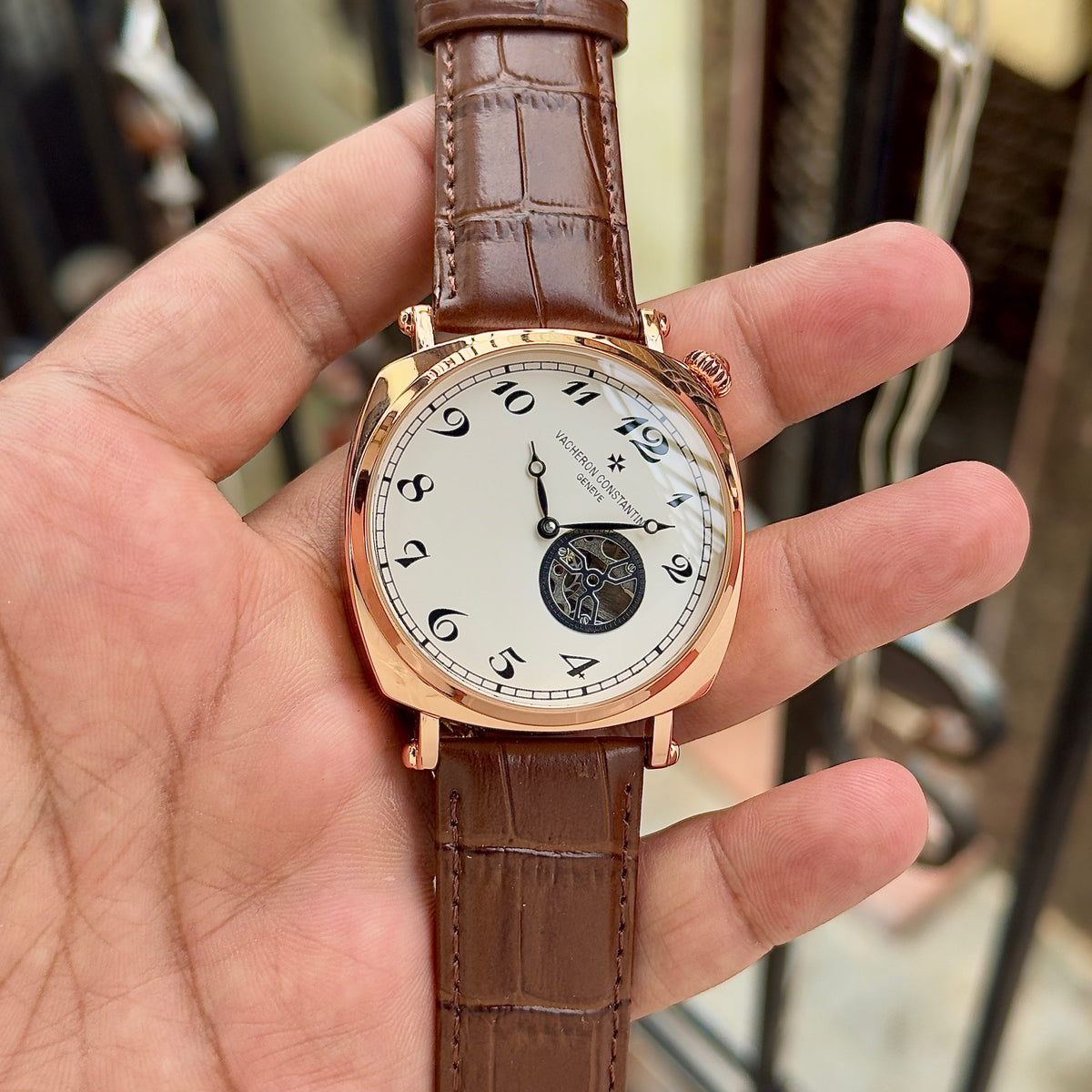 Vacheron Constantin rose-gold white-dial brown-strap watch original product photo close view