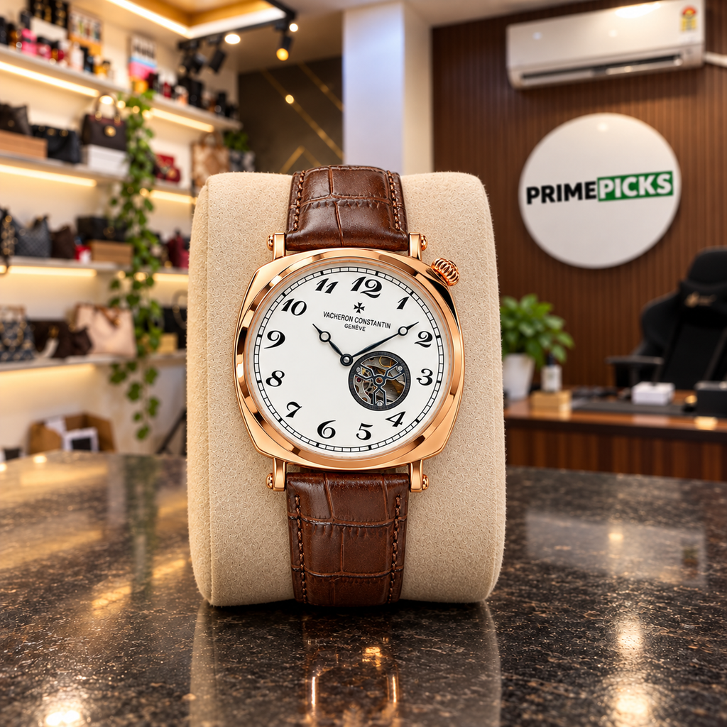 Vacheron Constantin open-heart men’s watch in rose gold with white dial and brown strap at the PrimePicks office