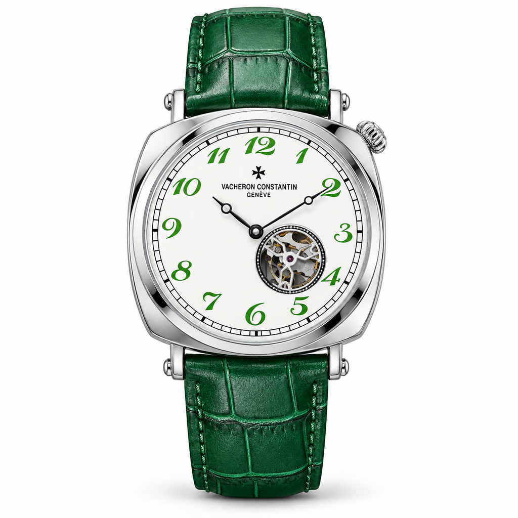 Vacheron Constantin open-heart men’s watch in silver with white dial and green strap on white background