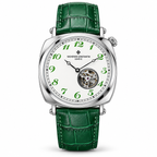 Vacheron Constantin open-heart men’s watch in silver with white dial and green strap on white background