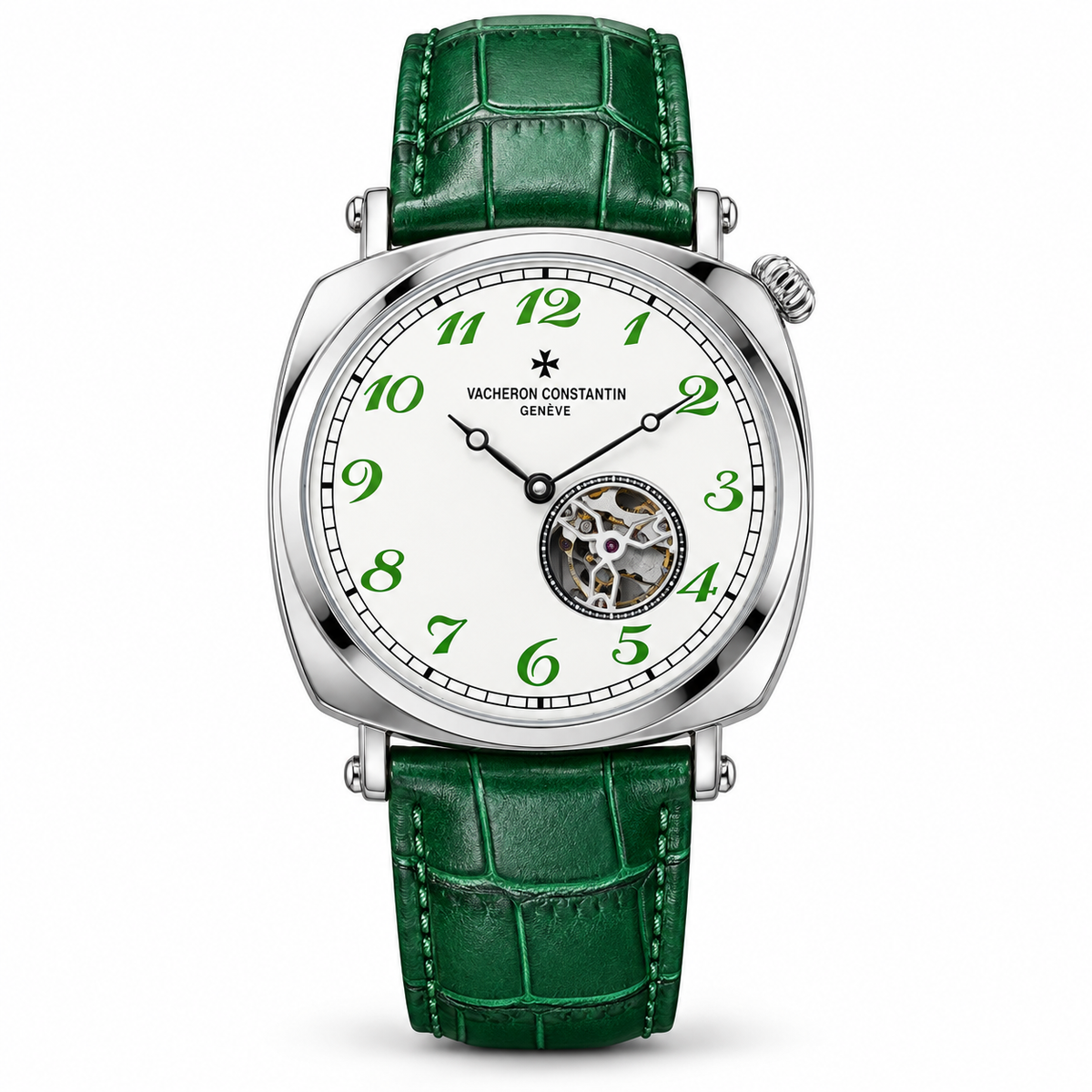 Vacheron Constantin open-heart men’s watch in silver with white dial and green strap on white background